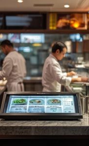 acrylic standing on a cashier counter at a restaurant positioned to one side of a monitor with a b 253460648 1