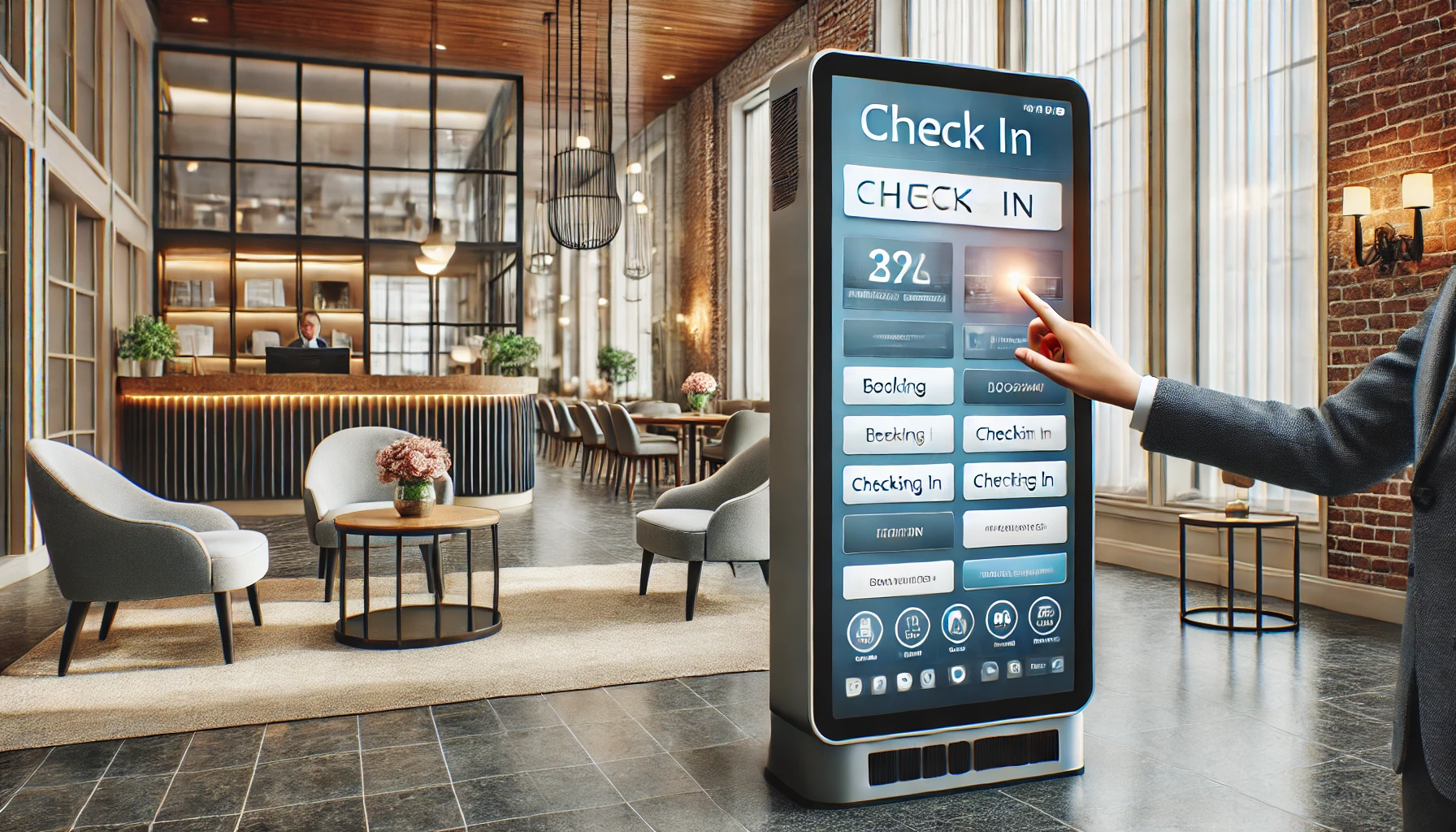 DALL·E 2024 07 30 12.18.22 A realistic image of a modern hotel lobby with a touch screen kiosk being used by a guest. The touch screen should be of a reasonable size displaying