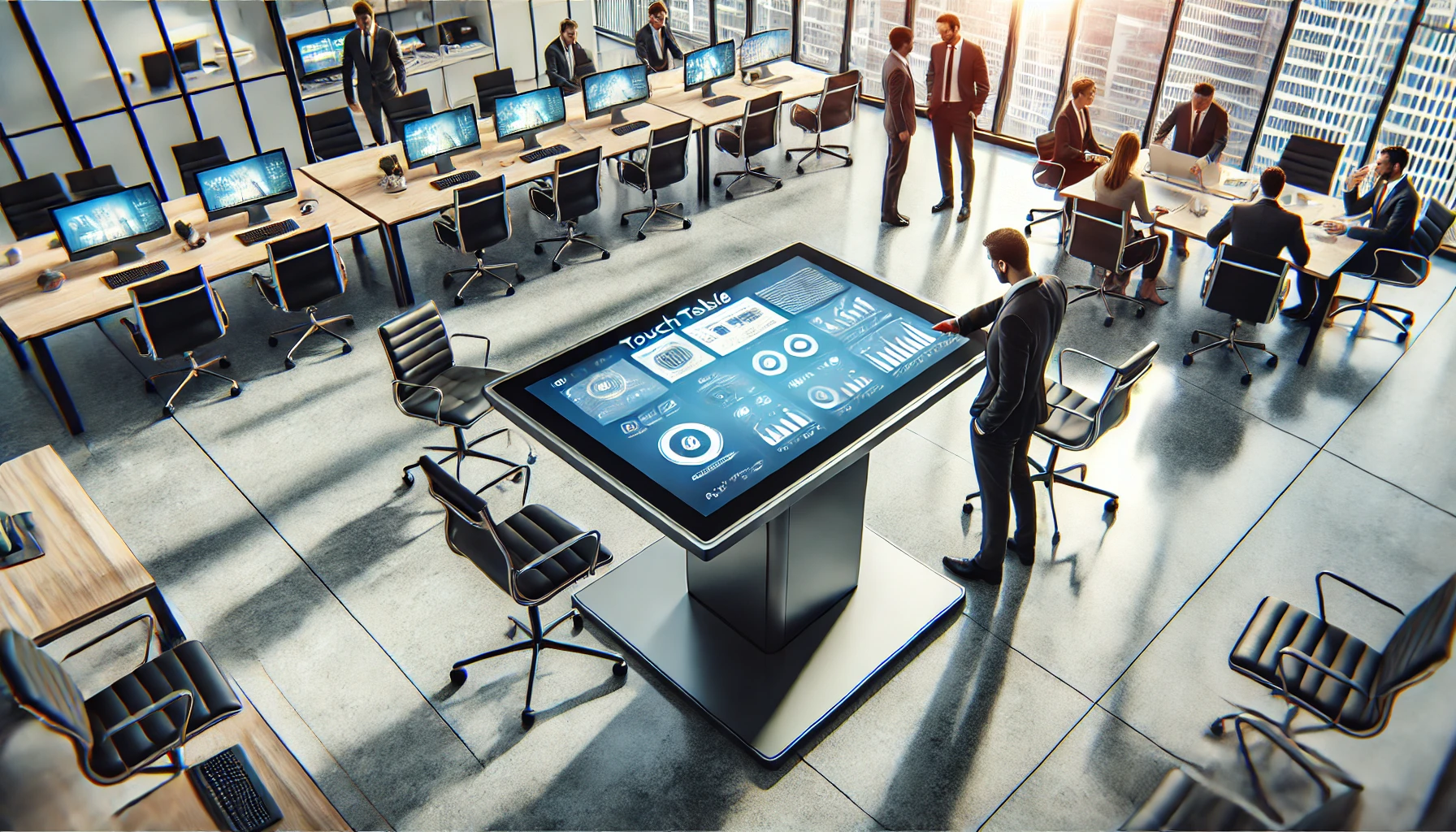 DALL·E 2024 07 30 12.28.16 A realistic image of a modern office setting featuring a small touch table kiosk from an angled perspective. The touch table is being used by a group