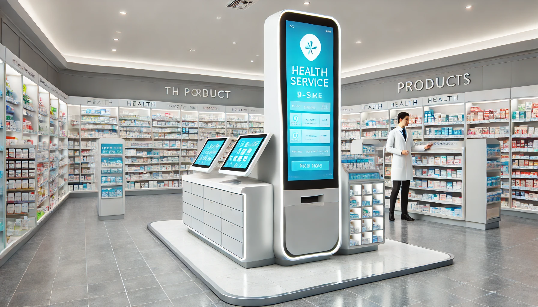 DALL·E 2024 07 31 13.34.20 A modern pharmacy setting featuring a single sleek well lit kiosk. The kiosk includes a touch screen terminal for self service with shelves of medic